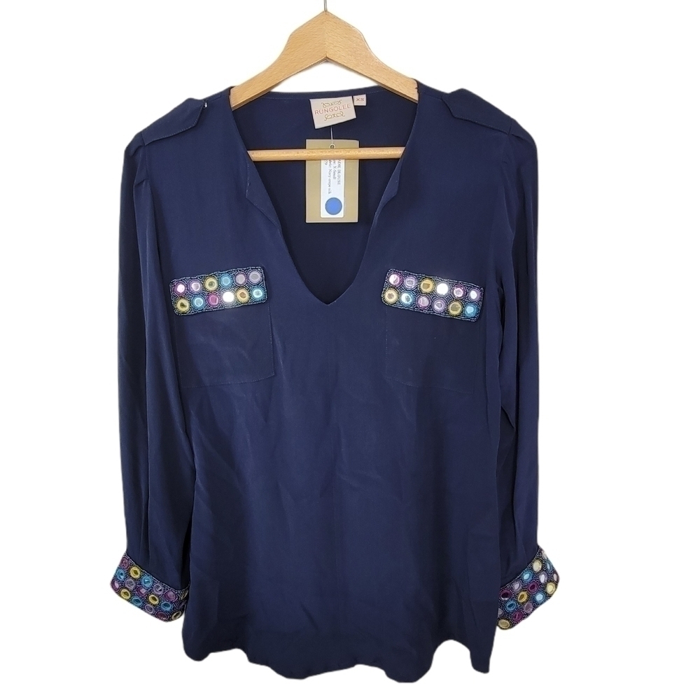 NWT Rungolee | Sadie Navy Blue Silk Mirrored Blouse